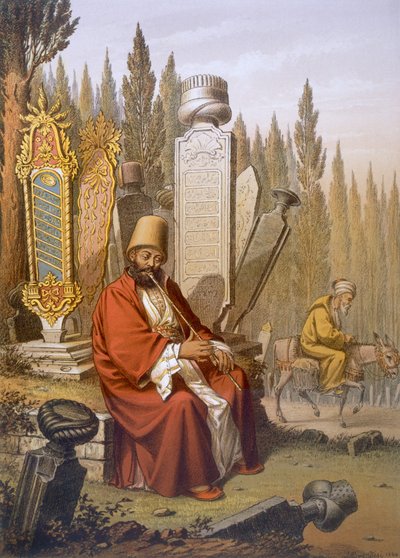 Sufi Playing the Ney, Sits in a Turkish Cemetery Among the Inscribed Grave Slabs, Illustration from 